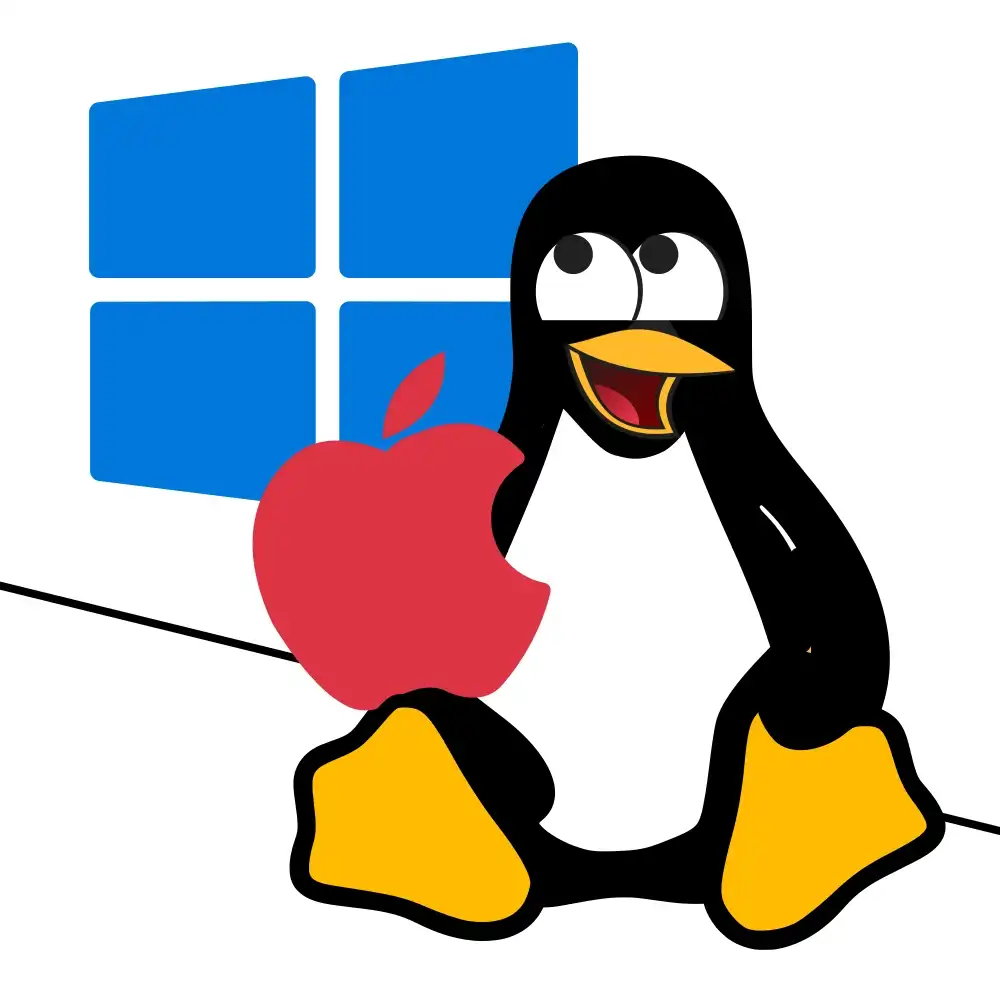 The Linux penguin takes a bite out of the Apple logo next to the MS Windows logo.