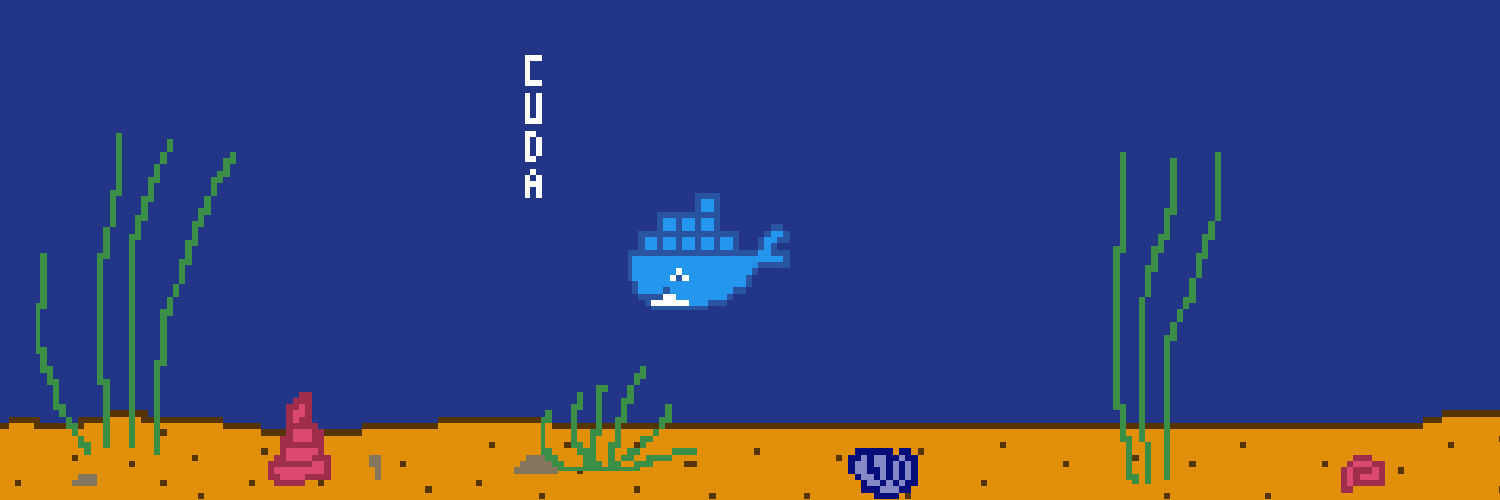 Pixel art animation of the docker whale swimming to a CUDA powerup.