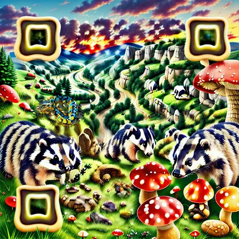 QR code art of a field of badgers, mushrooms (and a snake).