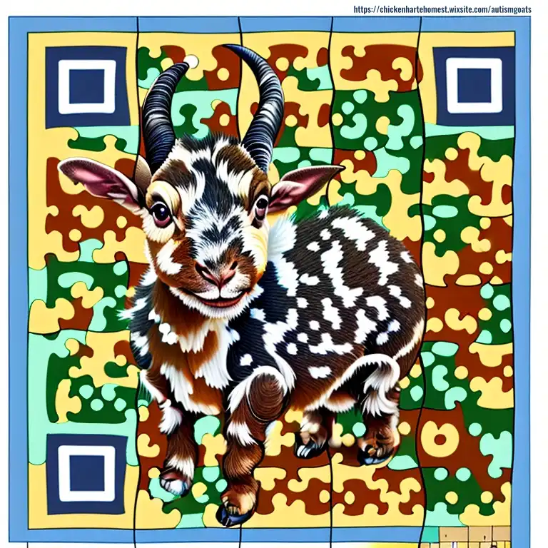 QR code art of a goat with a less saturated puzzle-like background.